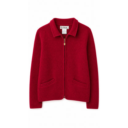 Vintage Lisa International Red 100% Boiled Wool Zip Cardigan Jacket, Size L