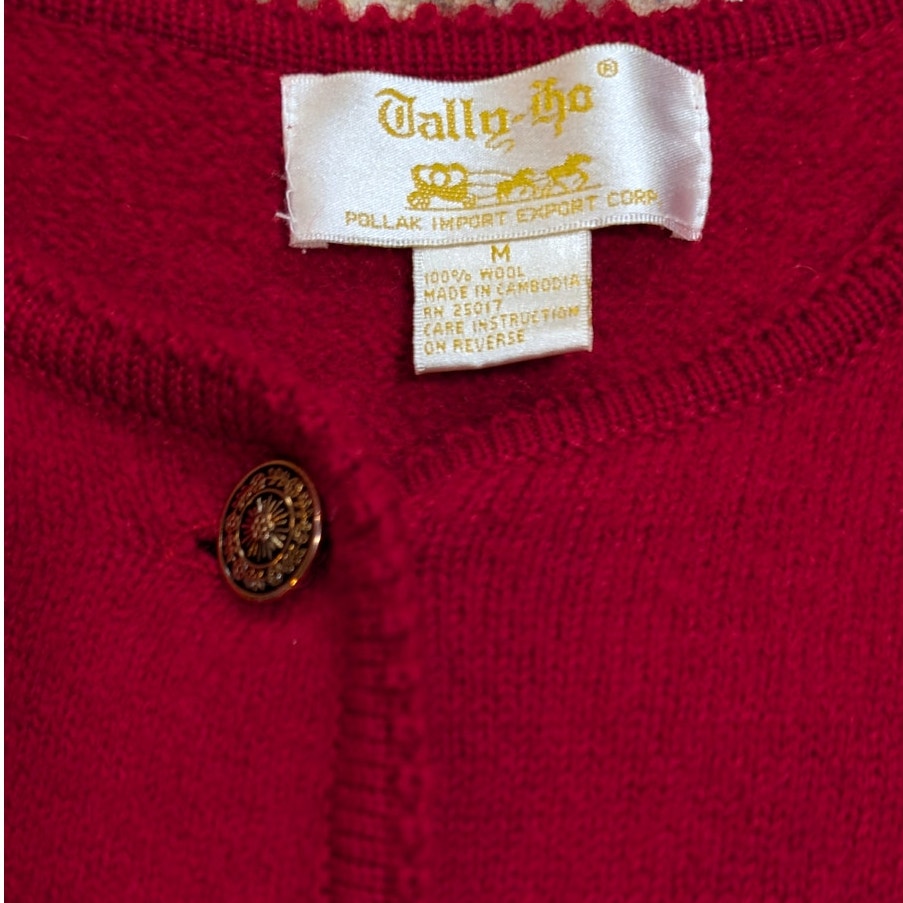 Tally-Ho Red 100% Wool Cardigan Sweater Jacket, Metal Buttons, Size M