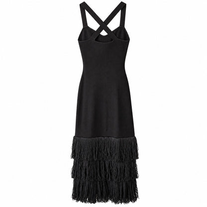 Anna Quan 100% Cotton Cross Black Knit Fringe Maxi Dress