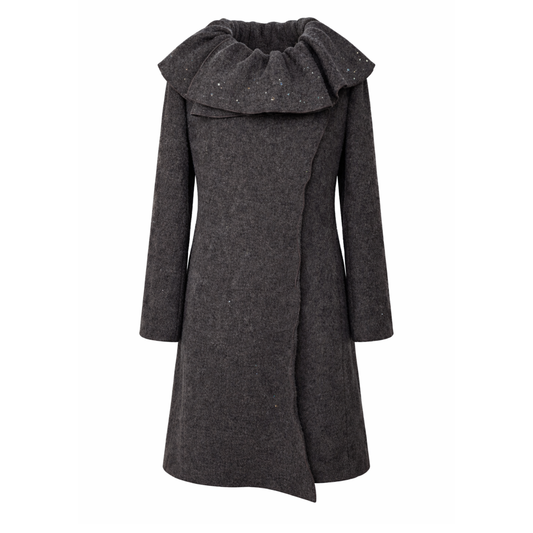 Upcycled Charcoal Wool Coat with Austrian Crystal Raindrop Embellishment