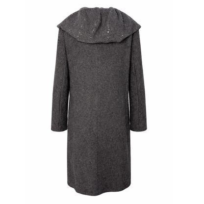 Upcycled Charcoal Wool Coat with Austrian Crystal Raindrop Embellishment