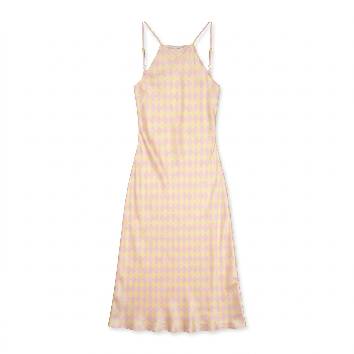 100% Silk Olivia Rubin Pink Yellow Harlequin Diamond  Slip Maxi | US 4 | Spaghetti Straps