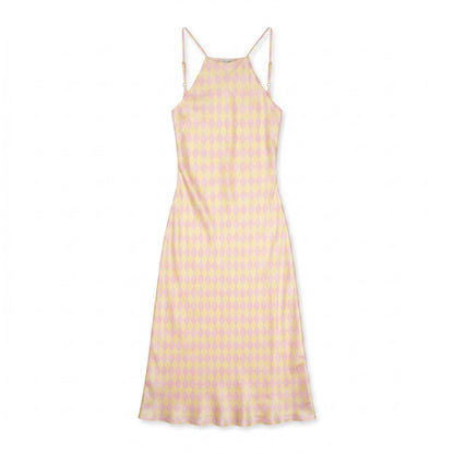 100% Silk Olivia Rubin Pink Yellow Harlequin Diamond  Slip Maxi | US 4 | Spaghetti Straps