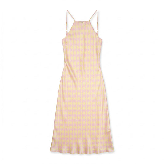 100% Silk Pink Yellow Harlequin Diamond Slip Maxi Dress Olivia Rubin | US 4
