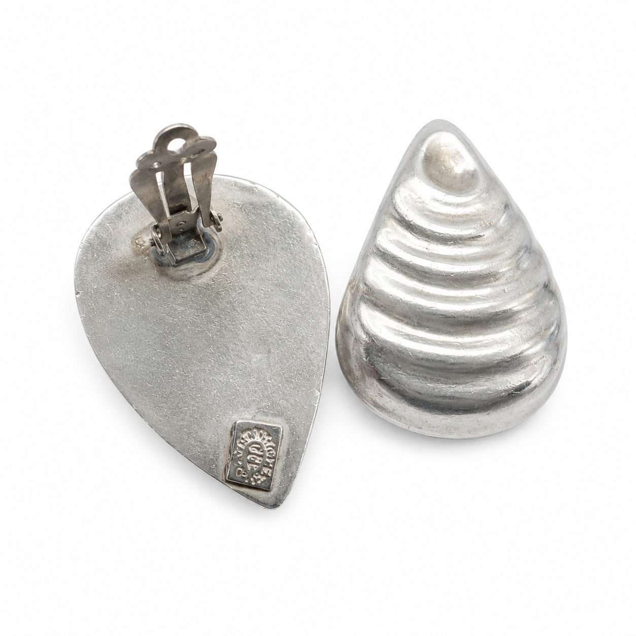 Vintage Taxco Mexico 925 Sterling Silver Clip-On Statement Earrings Large Modernist Teardrop