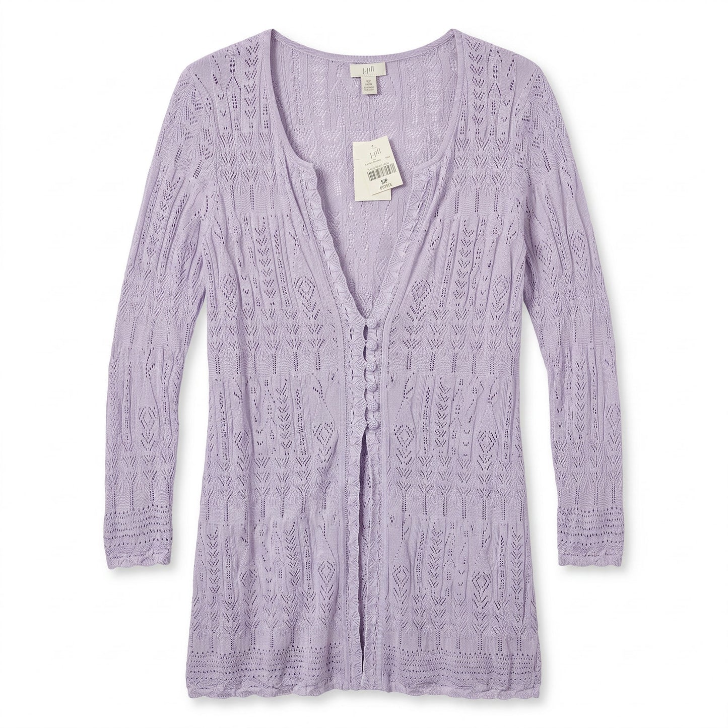 NWT 100% Silk Crochet J. Jill Lavender Lace Silk Open-Front Duster Cardigan |