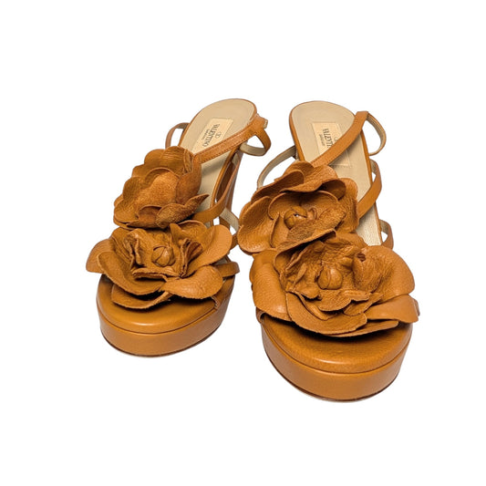 Valentino Garavani Orange Leather Floral Platform Sandals