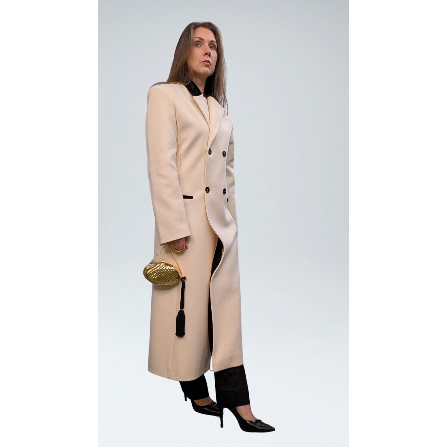 Vintage Cream Double-Breasted Wool Maxi Coat with Black Velvet Collar