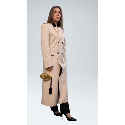 Vintage Cream Double-Breasted Wool Maxi Coat with Black Velvet Collar