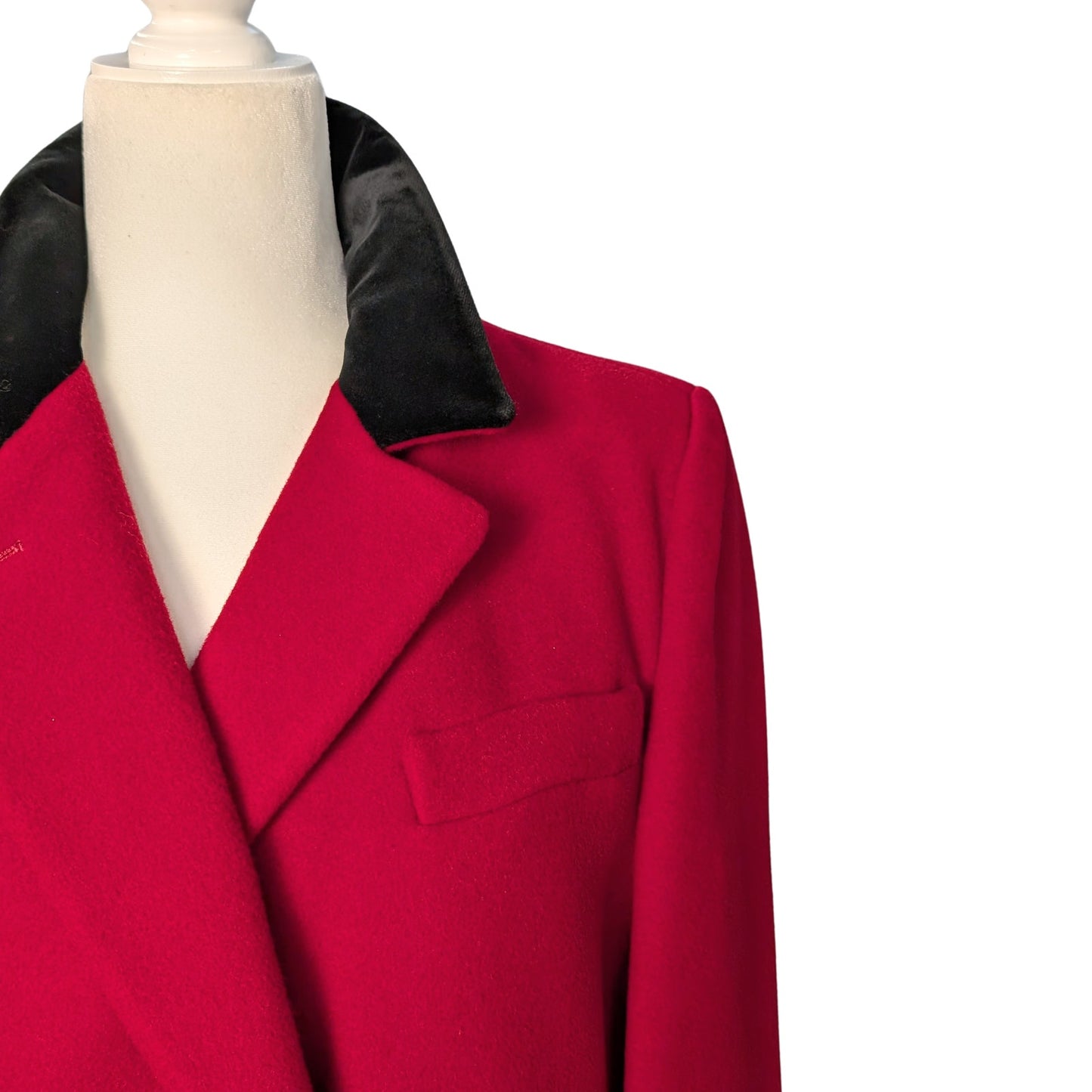 Vintage Raspberry Red Wool Double-Breasted Coat with Black Velvet Collar