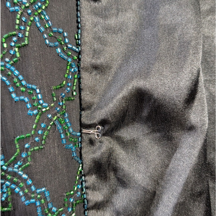 100% Silk Scala Beaded Evening Jacket Black Teal Green Seed Bead Geometric XL