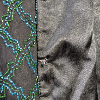 100% Silk Scala Beaded Evening Jacket Black Teal Green Seed Bead Geometric XL