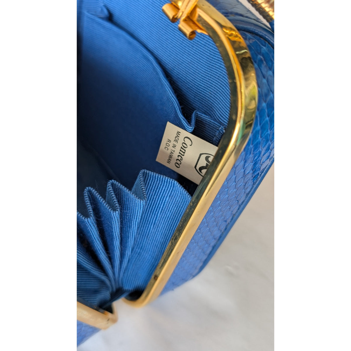 Vintage Genuine Snakeskin Frame Bag Blue Gold Crossbody Shoulder Purse