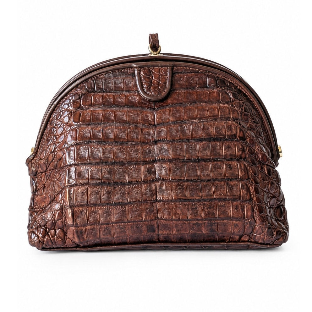 Vintage Genuine Crocodile Clutch Bag Medium Brown Structured Exotic Leather