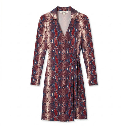 100% Silk DVF Diane Von Furstenberg Python Snake Print Wrap Dress in Burgundy