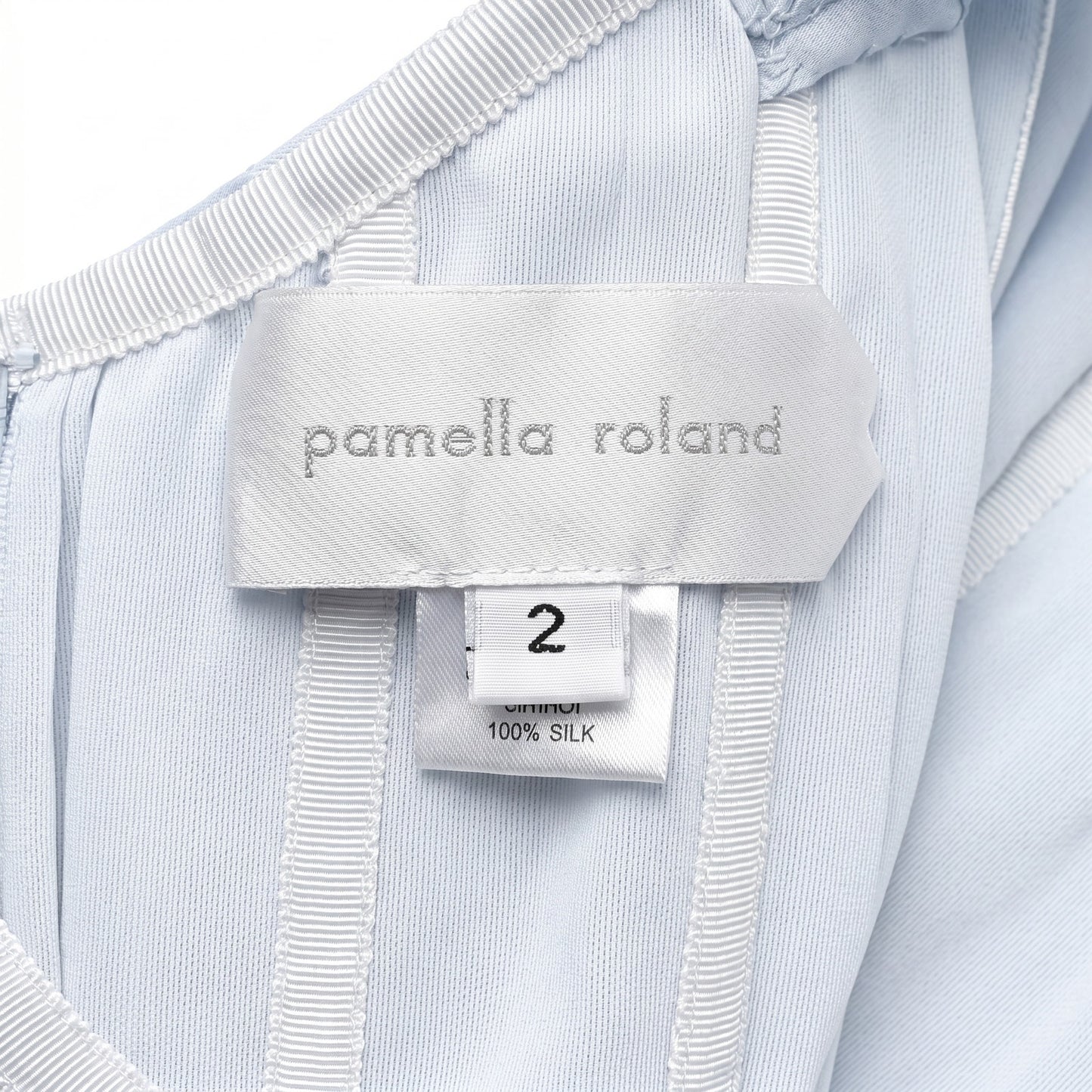 100% Silk  Pamella Roland Ice Blue One-Shoulder Pleated Chiffon Gown | Boned Bodice | Formal
