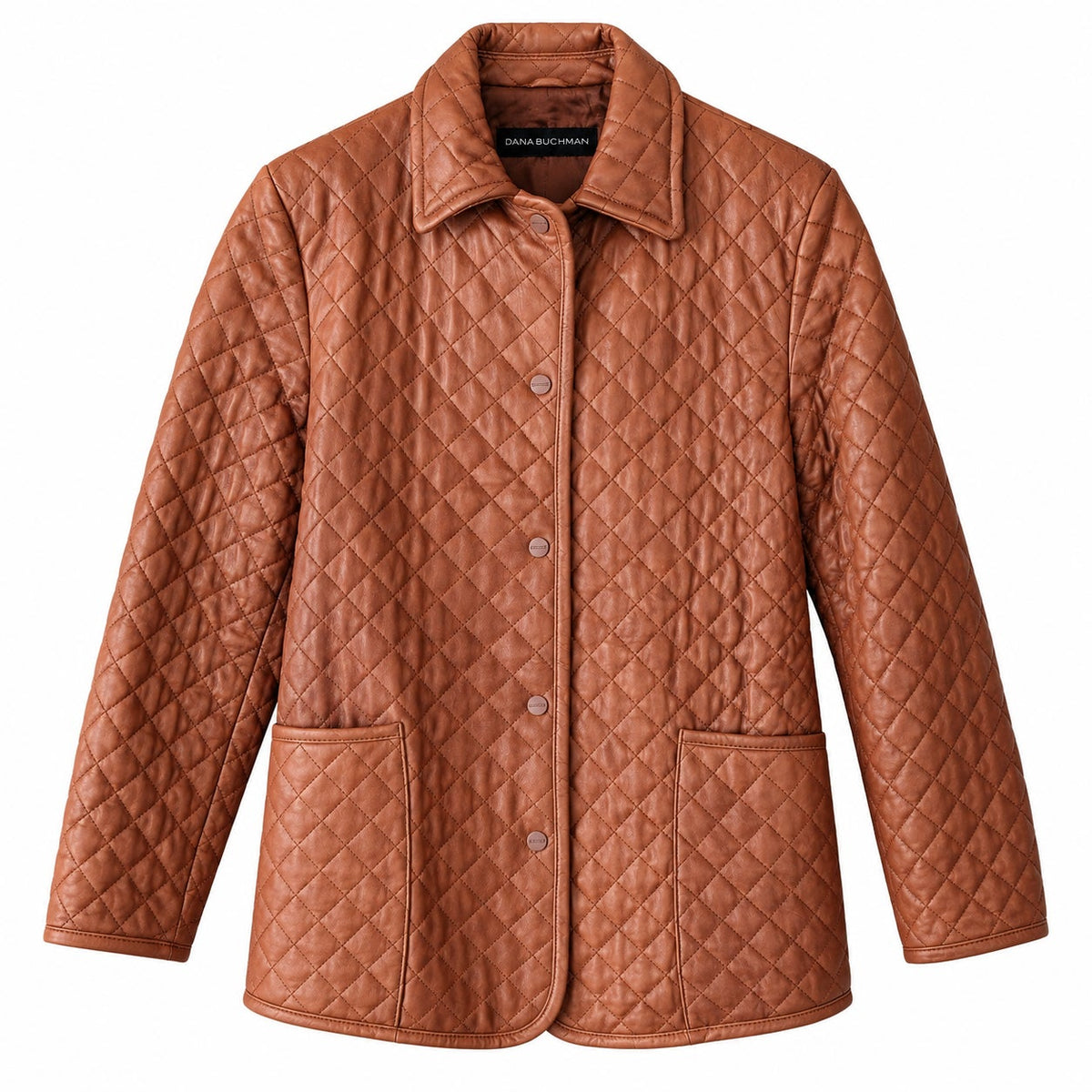 Dana Buchman Cognac Brown Quilted Genuine Leather Jacket Snap Front Size S
