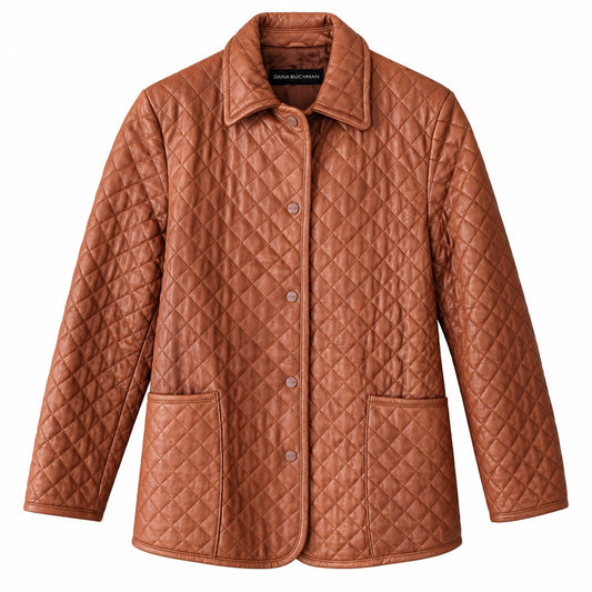 Dana Buchman Cognac Brown Quilted Genuine Leather Jacket Snap Front Size S