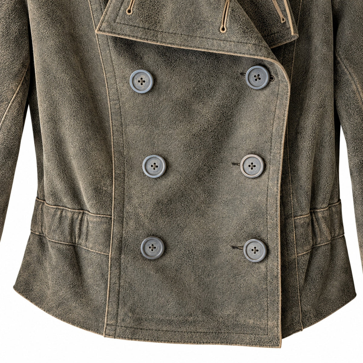 Express Distressed Leather Double Breasted Cropped Jacket Olive Peplum Size S