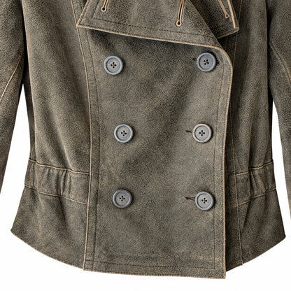 Express Distressed Leather Double Breasted Cropped Jacket Olive Peplum Size S