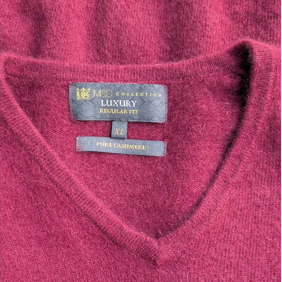 M&S Collection Luxury Men's Pure Cashmere V-Neck Sweater, Burgundy, Size XL