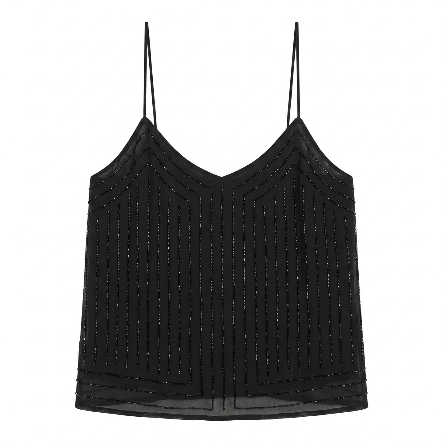NWT 100% Silk Black Beaded Art Deco Spaghetti Strap Camisole Evening Top