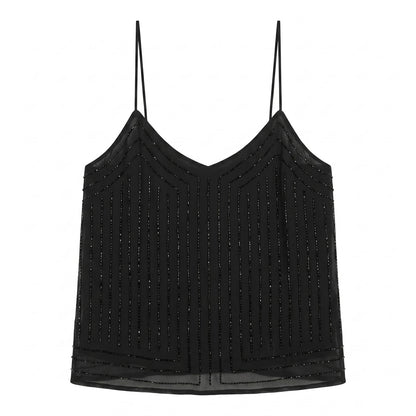 NWT 100% Silk Black Beaded Art Deco Spaghetti Strap Camisole Evening Top