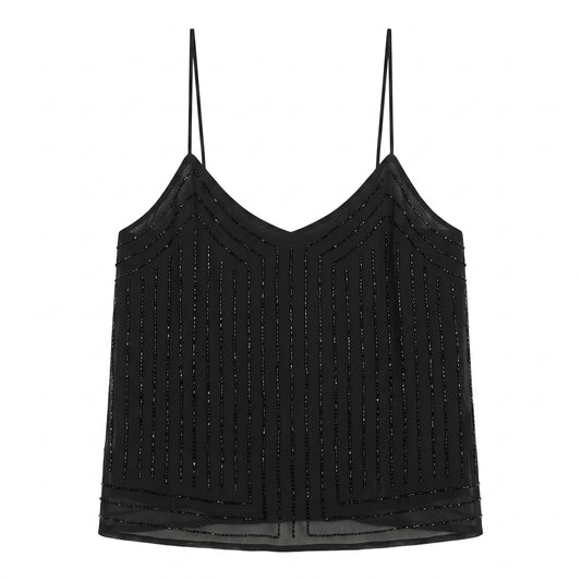 NWT 100% Silk Black Beaded Art Deco Camisole Top Ann Taylor | Spaghetti Strap | 12