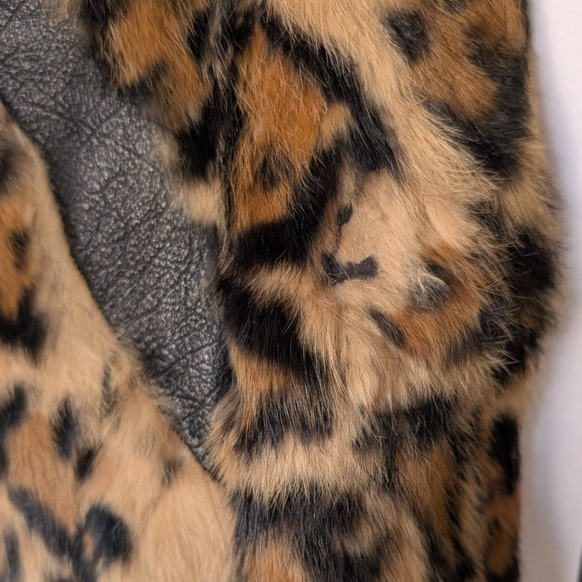 Pam & Gela Genuine Rabbit Fur Leather Leopard Bomber Jacket Size S