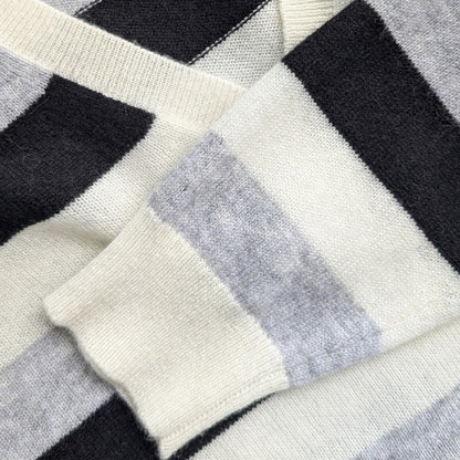 Charter Club Luxury 100% Cashmere Striped V-Neck Sweater, Black Gray Ivory, M