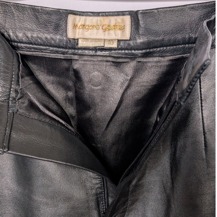Margaret Godfrey Black Genuine Leather Midi Pencil Skirt Front Slit Size 10