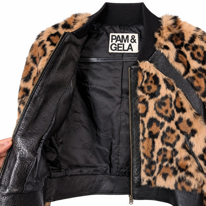 Pam & Gela Genuine Rabbit Fur Leather Leopard Bomber Jacket Size S