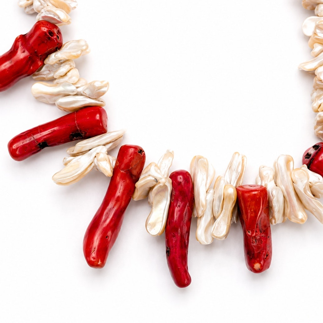 Natural Coral & Shell Statement Necklace 925 Sterling Silver Clasp 18"