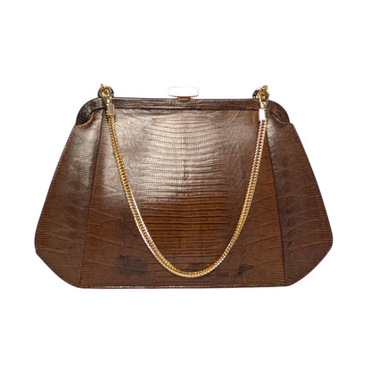 Vintage Palizzio Genuine Lizard Leather Convertible Clutch Shoulder Bag Auburn Brown