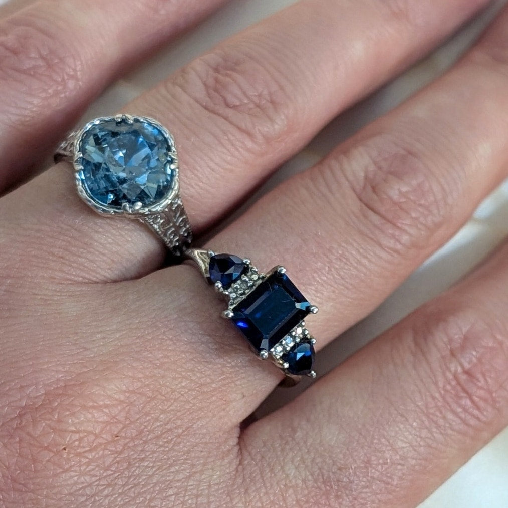 925 Sterling Silver Blue Statement Ring Size 5.5  Vintage Style Cocktail Ring