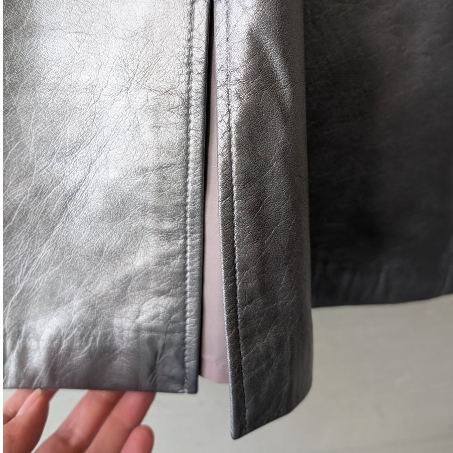 Vintage Silver Metallic Genuine Leather Pencil Skirt Back Slit Pleated XS