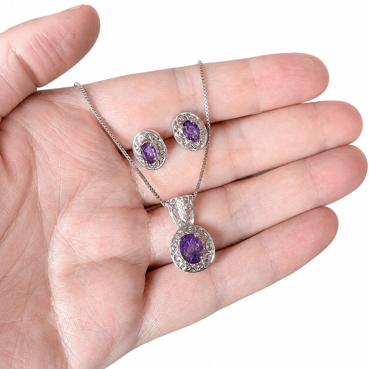 925 Sterling Silver Amethyst Jewelry Set Necklace & Stud Earrings Filigree New