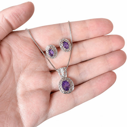 925 Sterling Silver Amethyst Jewelry Set Necklace & Stud Earrings Filigree New