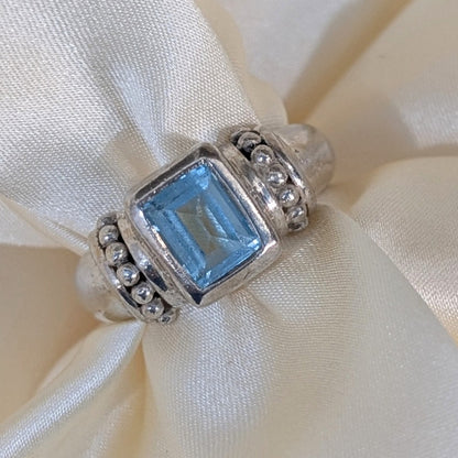 925 Sterling Silver Blue Topaz Ring Size 7.25 Emerald Cut Statement Ring