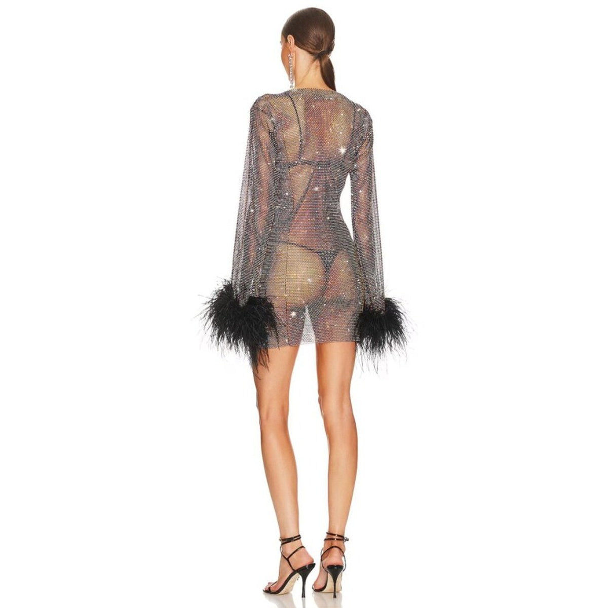 Santa Brands Black Rhinestone Ostrich Feather Mini Dress