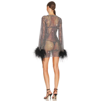 Santa Brands Black Rhinestone Ostrich Feather Mini Dress