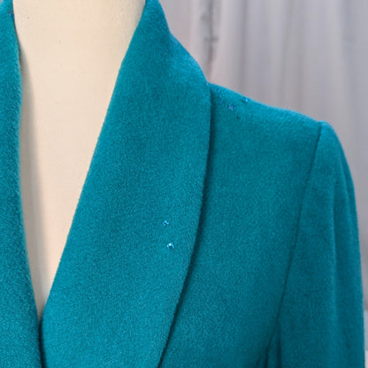 Vintage Teal Wool Double-Breasted Coat with Austrian Crystal Detail
