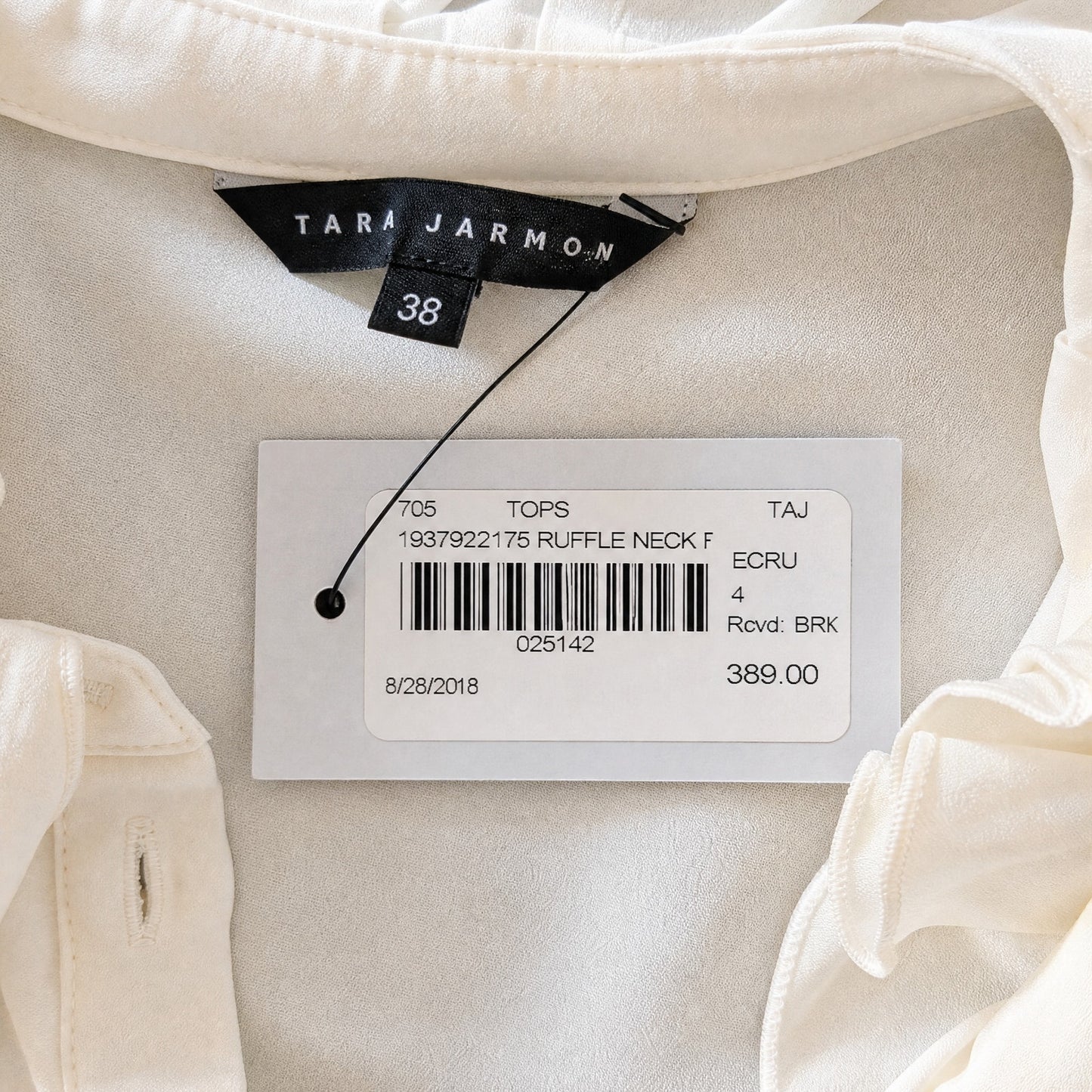 NWT 100%Silk Tara Jarmon  Cream Ecru Crepe Silk Ruffle Neck Blouse | Balloon Sleeves | US 6