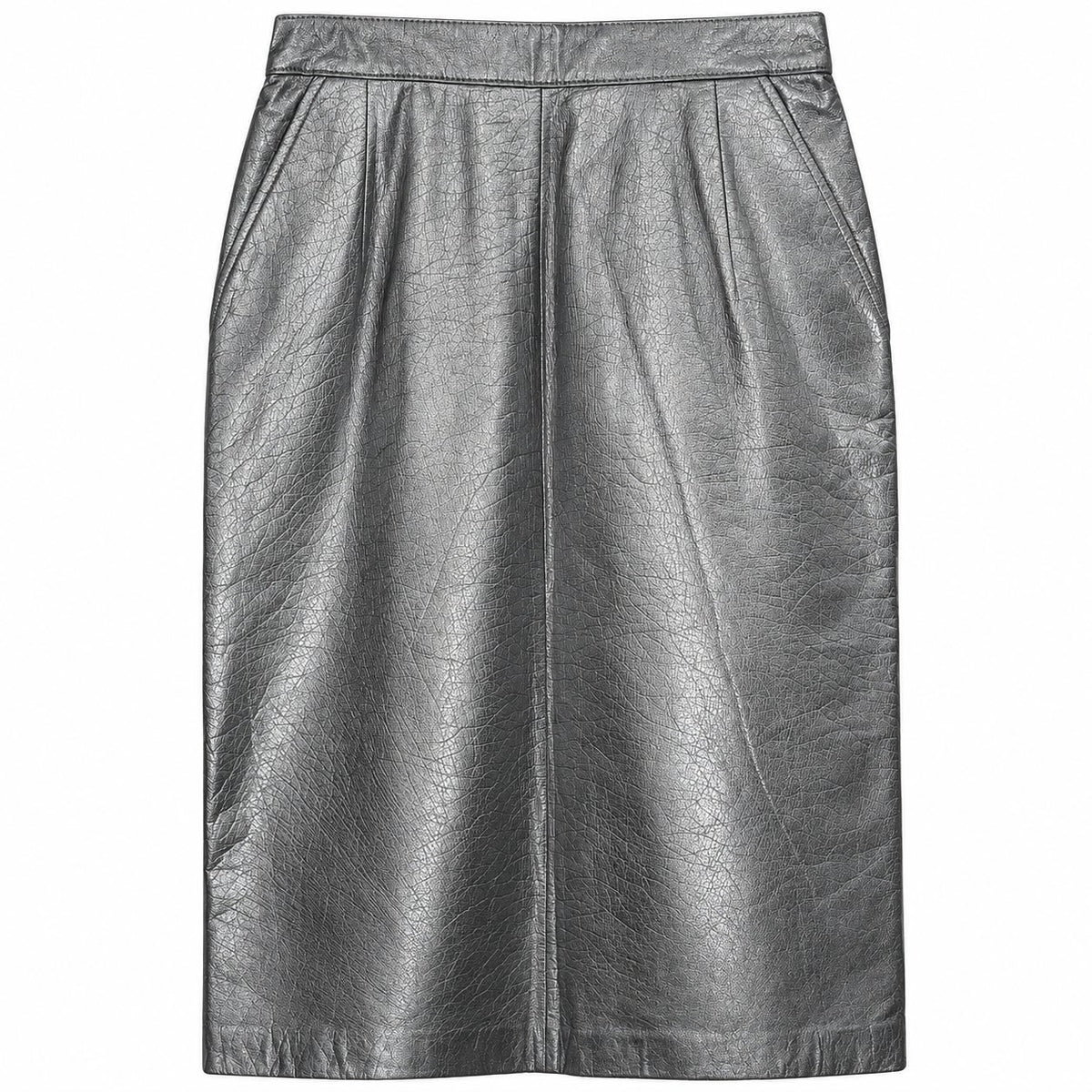 Vintage Silver Metallic Genuine Leather Pencil Skirt Back Slit Pleated XS