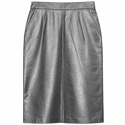 Vintage Silver Metallic Genuine Leather Pencil Skirt Back Slit Pleated XS