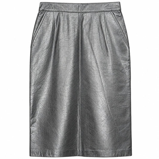 Vintage Silver Metallic Genuine Leather Pencil Skirt Back Slit Pleated XS