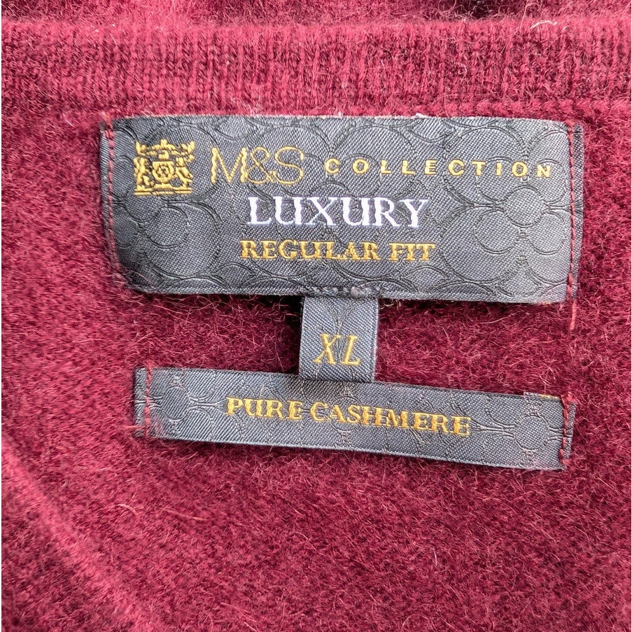 M&S Collection Luxury Men's Pure Cashmere V-Neck Sweater, Burgundy, Size XL