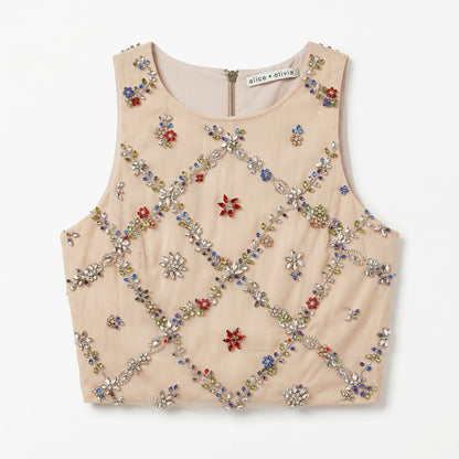 100% silk Jeweled Beaded Nude Crop Top | Multicolor Rhinestone Embellishment