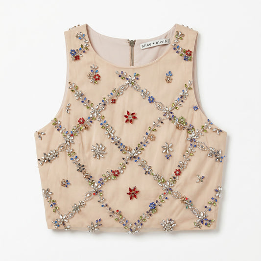100% Silk Nude Beaded Rhinestone Crop Top | Multicolor Embellishment | 2