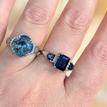 925 Sterling Silver Sapphire Ring Size 7 Blue Gemstone Statement Ring